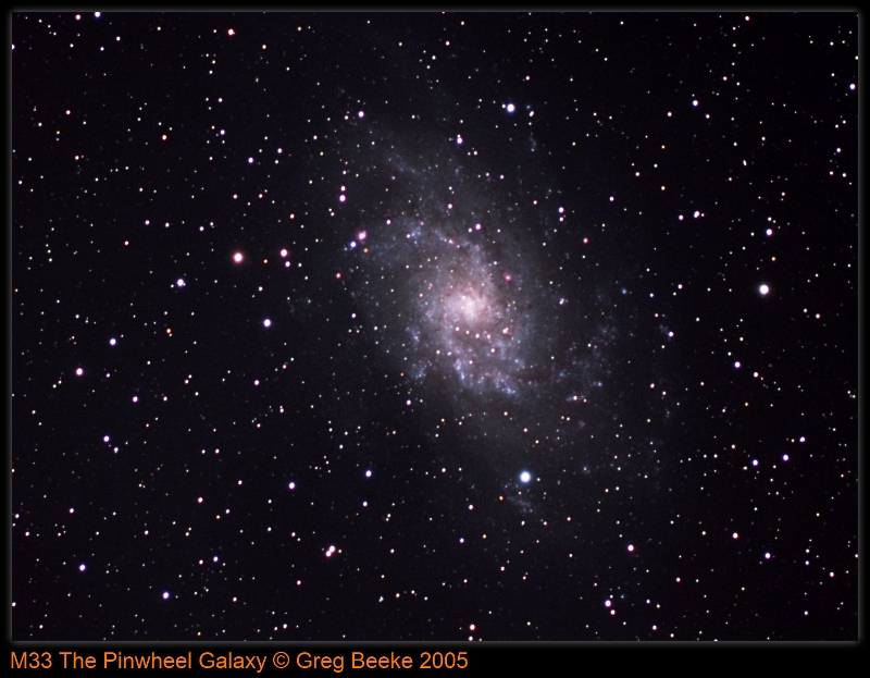 M33.jpg - Title: M33 By: Greg Beeke Exposure: L=20mins Binned 1x1 , RGB=12mins binned 2x2.Telecope: Borg 76EDImager: SXV-H9Note: I used a light Lucy Richardson deconvolution in AstroArt, and an L+RGB combine in PS.