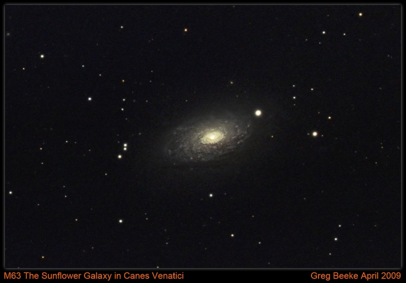 M63_2009_04_04.jpg - Title:M63 Sunflower galaxy in Canes Venatici By: Greg Beeke Telescope: TMB152 at Prime Focus Filters: N/A Camera: Modified Canon 20D Mount: Aim Controls EQ2 Guider: Webcam Exposure: 28x300s,  Notes: I've kept the background deliberately high to reveal the background galaxies