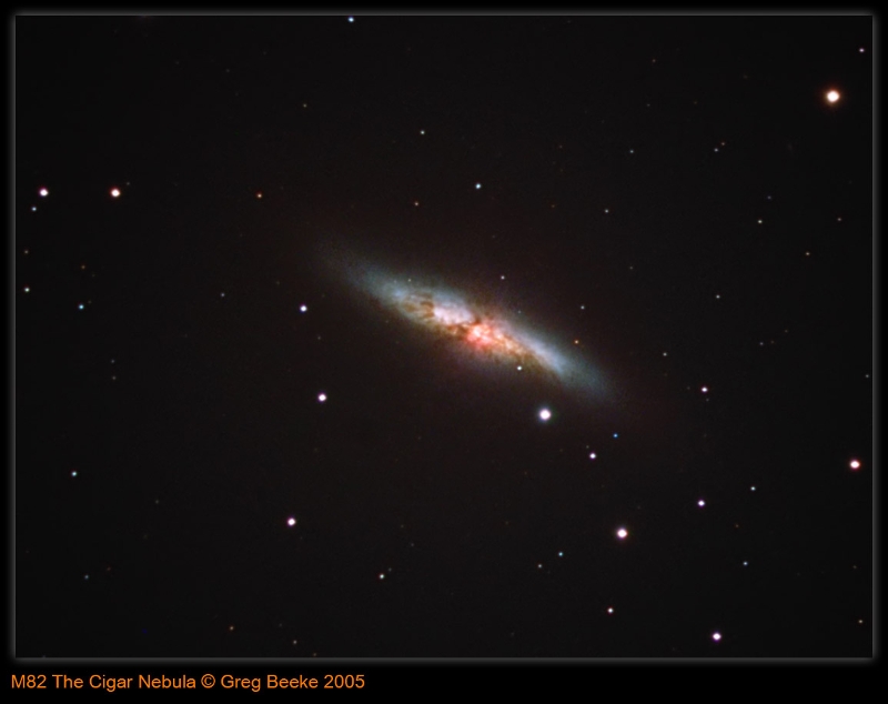 M82.jpg - Title: M82 Cigar Galaxy By: Greg Beeke L=25min, R=10min, G=10min and B=15min in 60s subs, unguided. Colour binned 2x2 Taken with SXV-H9, 8" LX200 with 0.63FR. Aligned in AA and AIP4WIN. L+LRGB in PS. Reduced to 75% original size.