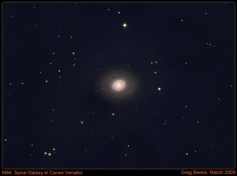 M94_2008_03_18C.jpg - Title:M94 in Canes Venatici By: Greg Beeke Telescope: Vixen VC200L Filters: LRGB Camera: Yankee Robotics Trifid 2 6303 Mount: Aim Controls EQ2 Guider: Webcam Exposure: L=13x600s, RGB 4x600s,  Notes: Nasty gradients spoiled this image, but I still managed to detect the outer dark halo, so not all bad.