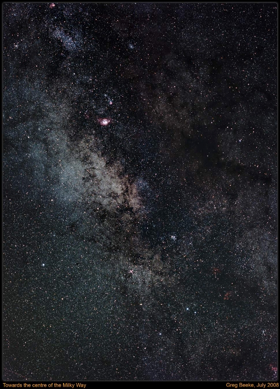 MW_core_2008_07.jpg - Title: Towards the Centre of the Milky Way By: Greg Beeke Telescope: P67 75mm f/4.5 Lens Filters: LDAS Camera: Modified Canon 20D Mount: Vixen GPDX Guider: N/A Exposure: 4x120s at ISO 800,  Notes: This is a mosaic of four frames taken over two nights at COAA in the Algarve.  It stretches from The Swan Nebula in the North to The Shrimp Nebula in the South.