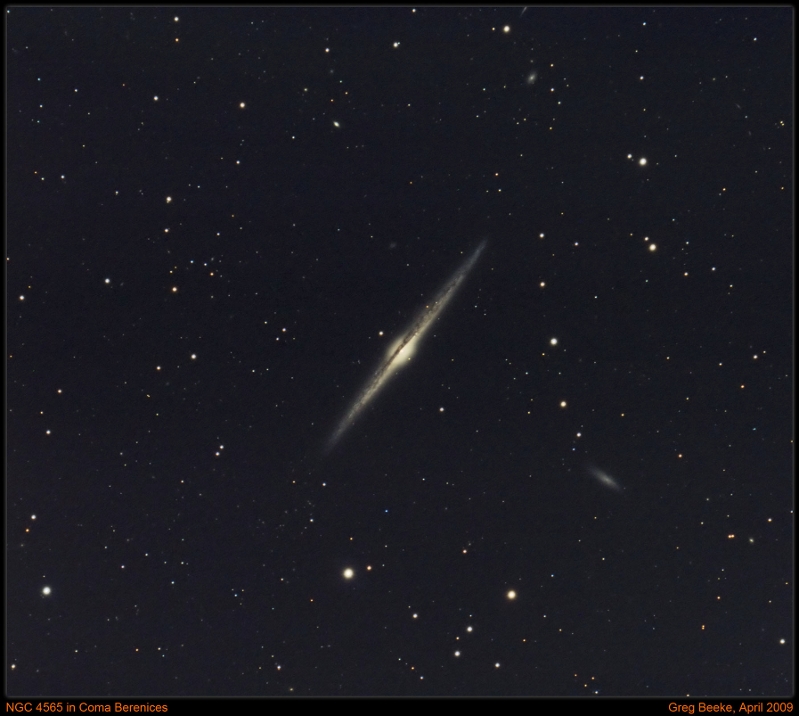 NGC4565_2009_04_01.jpg - Title: NGC 4565 in Coma Berenices By: Greg Beeke Telescope: TMB152 at Prime Focus Filters: N/A Camera: Modified Canon 20D Mount: Aim Controls EQ2 Guider: Webcam Exposure: 37x300s,  Notes: I've kept the background deliberately high to reveal the many distant galaxies in this area