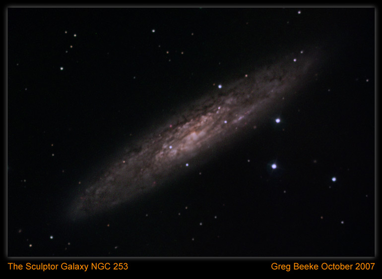 Sculptur-Galaxy-2007_10_16b.jpg - Title: NGC 253 By: Greg Beeke Telescope: COAA 0.5m at f/4.5 Filters: RGB Camera: Yankee Robotics Trifid 2 6303 at -20 degrees Celsius Mount: COAA Guider: Atik 16IC Exposure: RGB=60s Notes: Taken at COAA