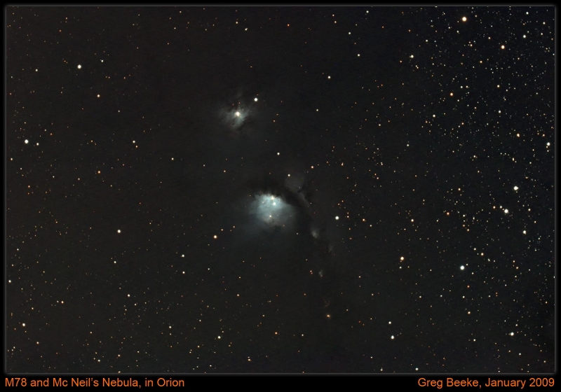 M78_2009_01_26s.jpg -  By: Greg Beeke Telescope: TMB152 with AP 0.75 Reducer (f/6.5 approx.) Filters: IDAS LP Camera: Canon 20D Mount: Aim Controls EQ2 Guider: Modified Webcam, Phd Guiding Exposure: 36x300s,   This is a surprisingly faint object, and probably near the practical limit of a modified DSLR